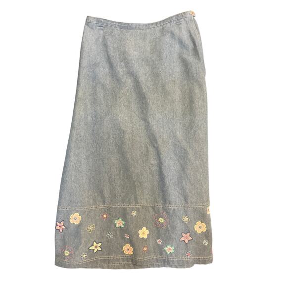 Koret City Blues Vintage Denim Skirt Size Medium, Long with Embroidered Flowers - Picture 2 of 2